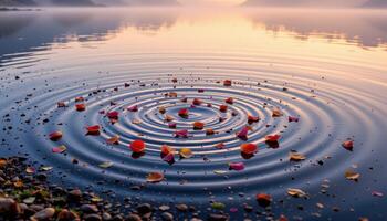 a quiet lakeshore where petals drift in circular ripples, the scene illuminated by early morning fog. photo