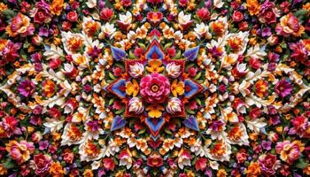 a massive botanical tapestry made of real flower petals pressed into ornate symmetrical designs. photo