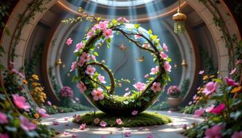 a surreal sphere of rotating vines and blossoms levitating in a gravity free chamber. photo