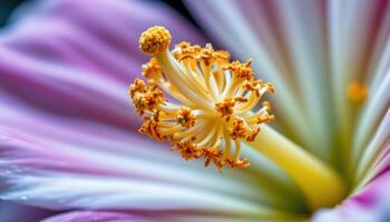 a macro image of a pollen covered stamen sparkling like tiny golden crystals. photo