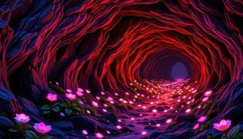 a cavern floor where phosphorescent flowers light a path beneath mineral laced walls. photo