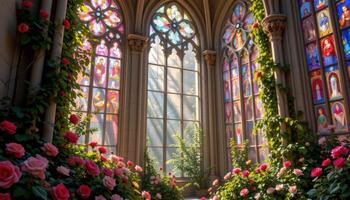 a glass cathedral overtaken by roses, ivy, and stained glass shadows cast by bloom filled windows. photo