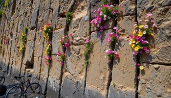 a coastal cliff wall where vertical rows of flowers bloom from cracks shaped by ocean wind. photo