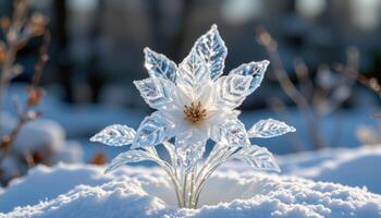 a flower bouquet made entirely of ice crystals and frost, arranged like a winter sculpture. photo