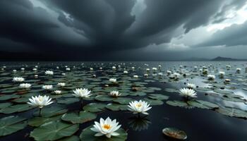 a surreal pond of ink black water where white lilies float undisturbed beneath storm clouds. photo