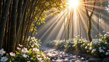 sunlight filters through a dense bamboo grove, casting golden patterns on the floor dotted with blooming jasmine. photo