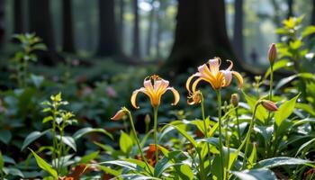 dew kissed spider lilies bloom along a misty forest edge, their delicate petals curling like flames in the morning light. photo