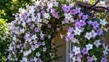 an ornate trellis is wrapped in flowering clematis vines, their white and purple blooms swaying in the afternoon breeze. photo