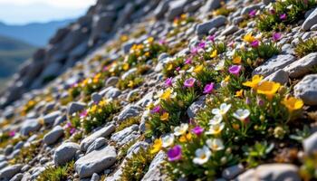 a rocky slope is painted with low growing alpine blooms, clinging defiantly to life in the chill of high elevation. photo
