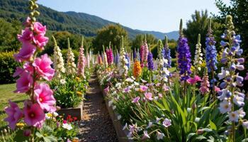 a row of garden beds lines a quiet hillside, bursting with hollyhocks and delphiniums swaying gently in the breeze. photo