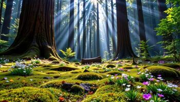 a carpet of moss and wildflowers blankets the forest floor beneath a canopy of towering redwoods photo