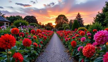 dahlia blossoms in bold reds, oranges, and purples line a gravel walkway in a formal botanical garden at sunset. photo