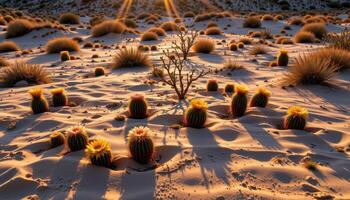 flowering cacti form natural patterns in the sand, casting long shadows across the arid landscape as the sun sets. photo