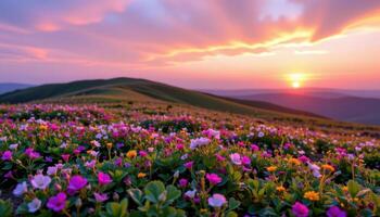 blooming clover and tiny wildflowers carpet a hill that rolls gently toward the horizon beneath a soft pink sunset. photo
