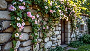 flowering vines trail over the stone walls of a forgotten garden, their tendrils weaving patterns in the quiet afternoon. photo
