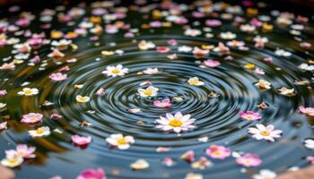 floating flower petals swirl in a koi less pond, disturbed only by a light breeze drifting through the garden. photo