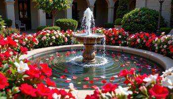a serene courtyard fountain is surrounded by red and white azaleas, petals drifting slowly on the water's surface. photo