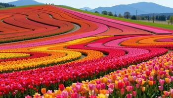 a gently sloped hill bursts into color with fields of red, yellow, and pink tulips arranged in swirling geometric patterns. photo