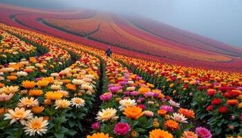 rows of chrysanthemums in autumnal hues create a rich tapestry of color in a misty, terraced field. photo