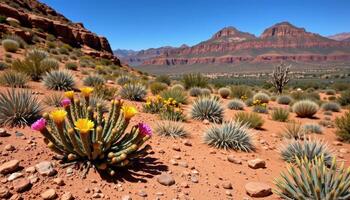 a desert landscape comes alive with blooming cacti flowers, vibrant against the dry, cracked earth and red rock cliffs. photo