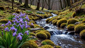 a gentle stream winds through a hidden valley, with irises blooming along its mossy banks. photo