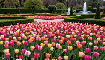 tulips of every shade form intricate patterns in a manicured garden surrounded by neatly trimmed hedges and fountains. photo