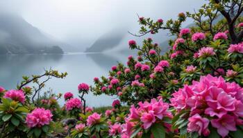 giant rhododendrons bloom around a fog covered lake, their vibrant colors emerging from the mist like watercolor brushstrokes. photo