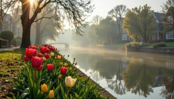 morning sunlight pierces through fog, illuminating a row of blooming tulips that line a quiet canal's edge. photo