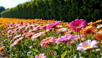 bright gerbera daisies stand in perfect rows on the edge of a sun drenched farm field, bordered by tall hedges. photo