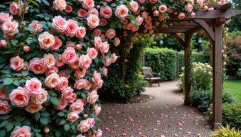 climbing roses engulf a wooden arbor, their petals falling like confetti onto the gravel below with every passing breeze. photo