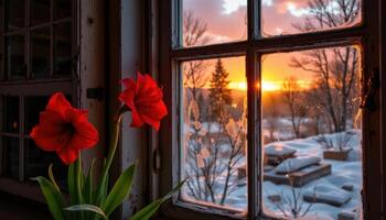 crimson amaryllis flowers bloom beside a dusty windowpane, catching the last rays of sunset from inside a forgotten cabin. photo