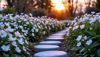 a path of white stepping stones winds through a garden filled with moonflowers glowing under the silver light of dusk. photo