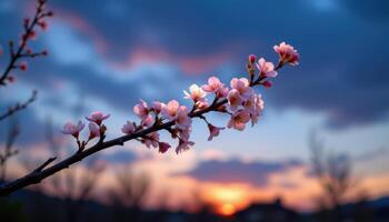 a single flowering branch from a plum tree reaches into view, its blossoms sharp against the deep twilight sky. photo