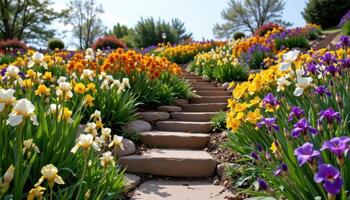winding garden steps are framed by irises in white, yellow, and deep purple, growing in natural tiers along the slope. photo