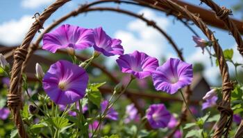 morning glories open toward the sky from a spiral of twine wrapped around a rusting metal trellis. photo