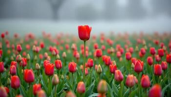a single red tulip stands boldly in a field of green buds not yet opened, framed by morning fog. photo