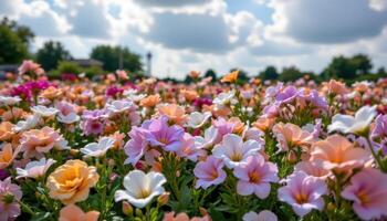 a flowerbed of lisianthus blooms in gradients of lavender, peach, and white beneath the filtered light of high clouds. photo