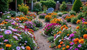 a labyrinth of flower beds winds through an old garden, filled with asters, salvia, and marigolds in warm, layered hues. photo