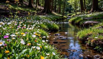 tiny star shaped flowers of all colors dot the edge of a gentle stream that winds through a quiet woodland glade. photo