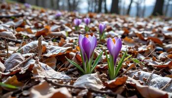 purple crocus blooms poke through dry leaves and frost in the first signs of spring on a quiet hillside. photo