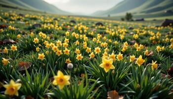 clusters of wild daffodils bloom across a misty valley floor, forming scattered bursts of sunshine among the grass. photo