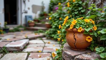 a cracked ceramic pot spills nasturtiums over the edge of an abandoned patio, their vines climbing toward broken steps. photo