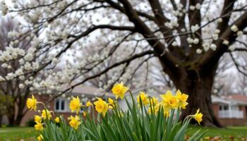 yellow daffodils sway gently under the wide branches of a blooming dogwood tree in the calm before a spring storm. photo