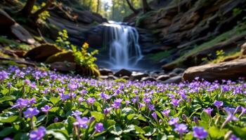 in a clearing beside a waterfall, a carpet of wild violets glows under filtered morning light. photo
