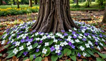 the base of an ancient tree is surrounded by trilliums blooming in white and purple, forming a natural wreath in the shade. photo