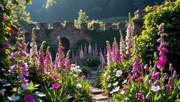 a hidden garden behind crumbling stone walls bursts with foxgloves and delphiniums glowing in the morning mist. photo