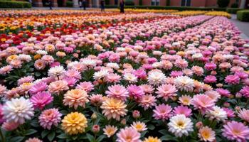 rows of blooming chrysanthemums fill a sunken courtyard, their layered petals forming dense clouds of autumn color. photo