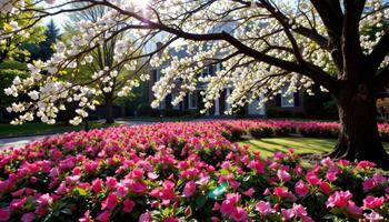 sunlight filters through a canopy of flowering dogwood trees, casting dappled shadows over beds of blooming azaleas. photo