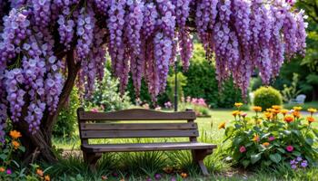 an old wooden bench sits beneath a canopy of blooming wisteria, the lavender flowers cascading like a waterfall. photo