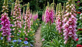 a narrow garden path winds through towering stalks of foxgloves, their bell shaped flowers clustered tightly on slender stems. photo